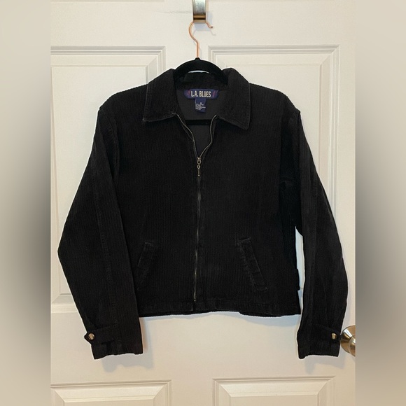 L.A. Blues Jackets & Blazers - L.A. Blues Black Corduroy Jacket Zip Front Collar Coat Y2K 90s Minimalist M VTG